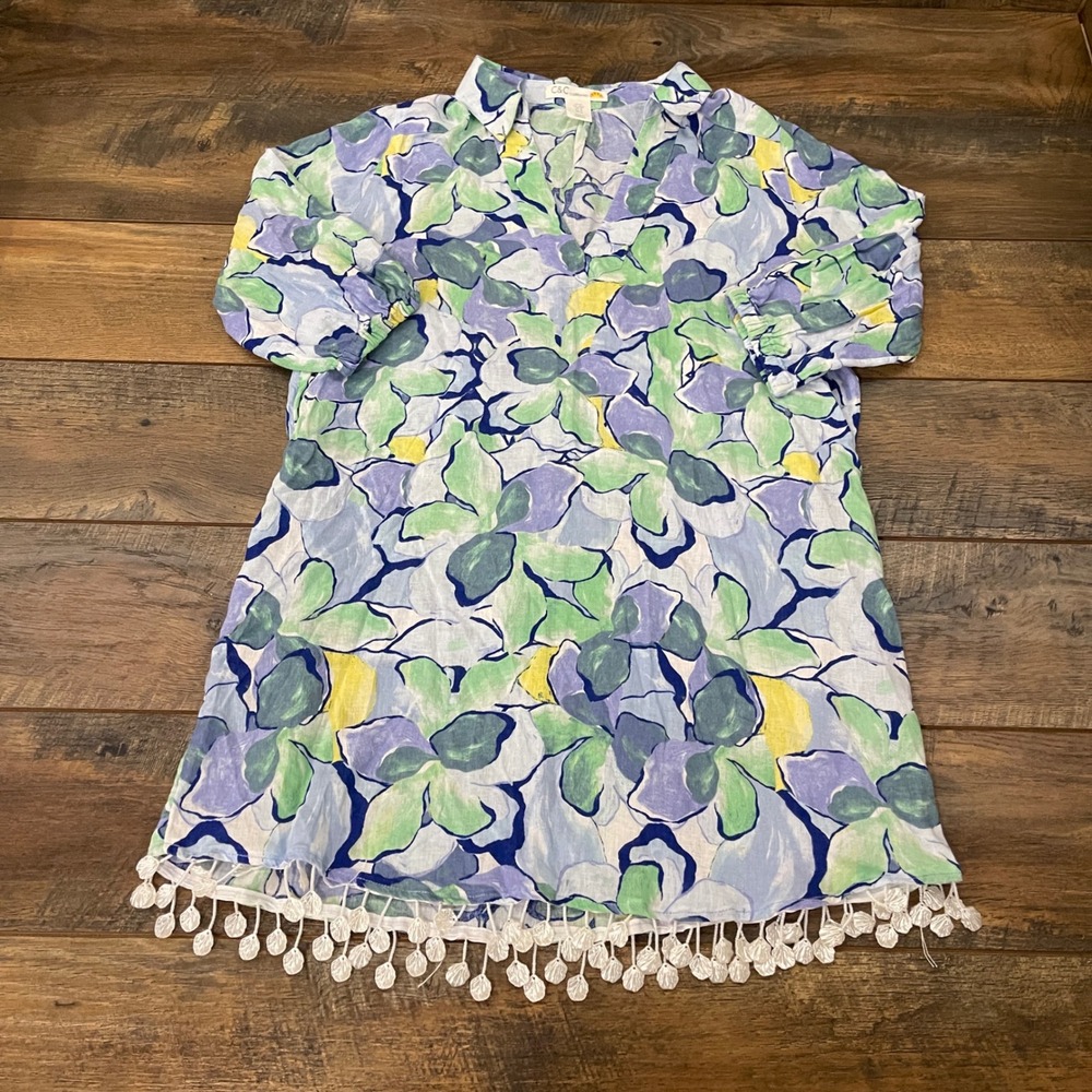 C&C California Floral Linen Blend Tunic Dress Blue Green Shell Tassel Trim M